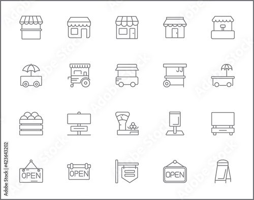 Set of vendor and store line style. It contains such Icons as shop, sign board, shopping, street food, vendor booth, food cart, market and other elements. customize color, easy resize.