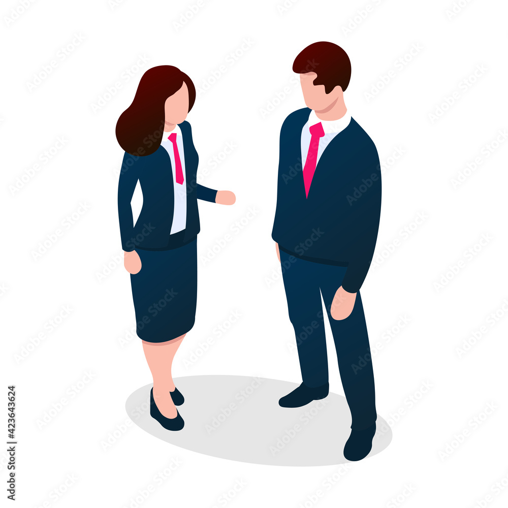 Two people are communicating. A businessman and a business woman are having a conversation. The concept of business negotiations, job interviews, meetings.Vector illustration in modern isometric style Two people are communicating. A businessman and a business woman are having a conversation. The concept of business negotiations, job interviews, meetings.Vector illustration in modern isometric style