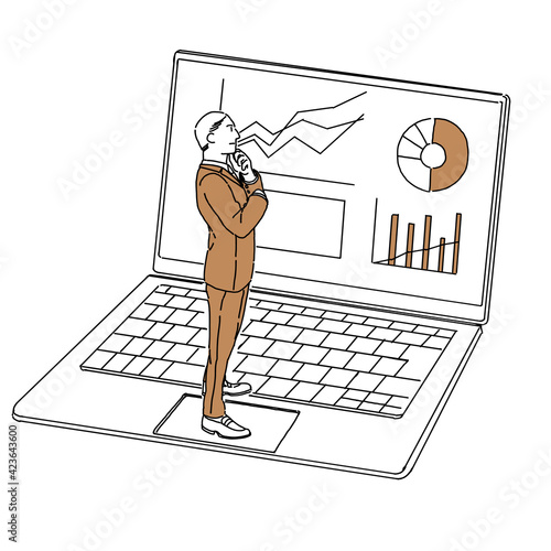 ノートパソコン　経営者　男性　考える　イラスト