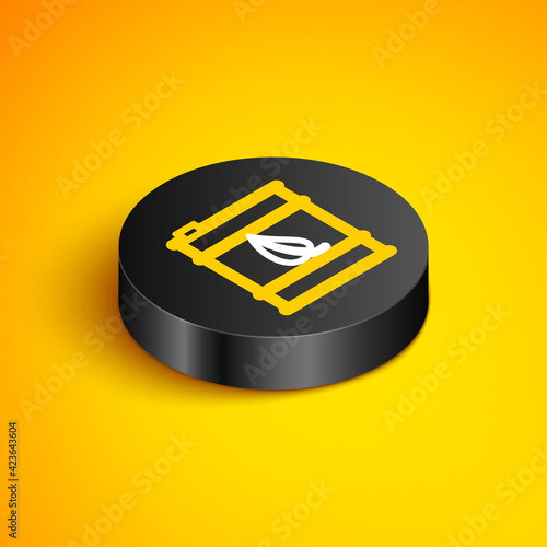 Isometric line Bio fuel barrel line icon isolated on yellow background. Eco bio and canister. Green environment and recycle. Black circle button. Vector
