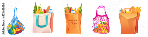 Net, cotton and paper shopping bags with grocery