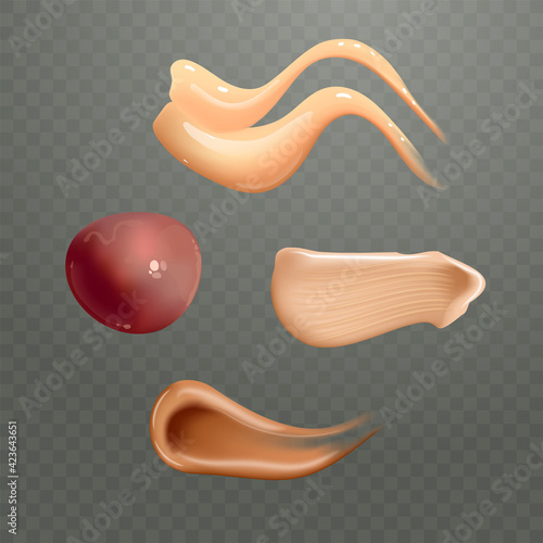 Set of realistic cosmetic cream smears. Skincare product of different body colors. Lotion smooth smear isolated vector texture on transparent background.