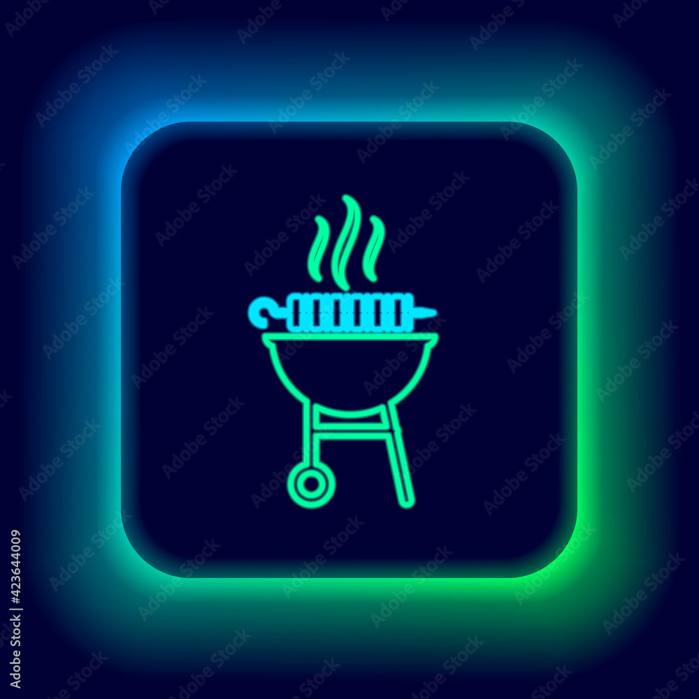 Glowing neon line Barbecue grilled shish kebab on skewer stick icon isolated on black background. BBQ meat kebab on skewer stick. Picnic with grill meat. Colorful outline concept. Vector Glowing neon line Barbecue grilled shish kebab on skewer stick icon isolated on black background. BBQ meat kebab on skewer stick. Picnic with grill meat. Colorful outline concept. Vector