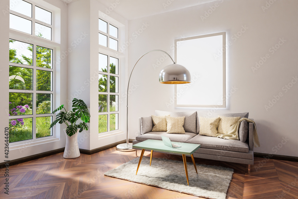 Fototapeta premium retro vintage style living room with grey two seated couch, large floor lamp and white illuminated canvas; large windows with garden view; 3D Illustration;