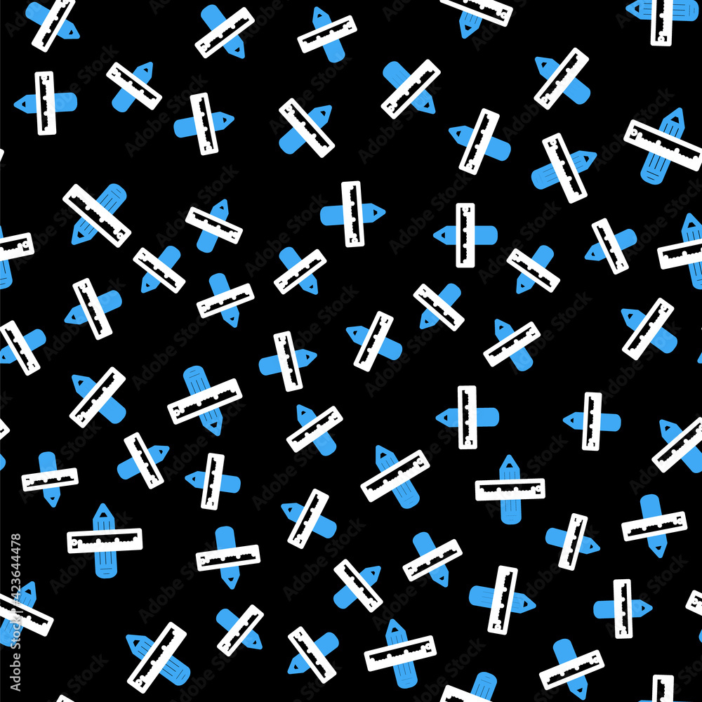 Line Crossed ruler and pencil icon isolated seamless pattern on black background. Straightedge symbol. Drawing and educational tools. Vector Line Crossed ruler and pencil icon isolated seamless pattern on black background. Straightedge symbol. Drawing and educational tools. Vector