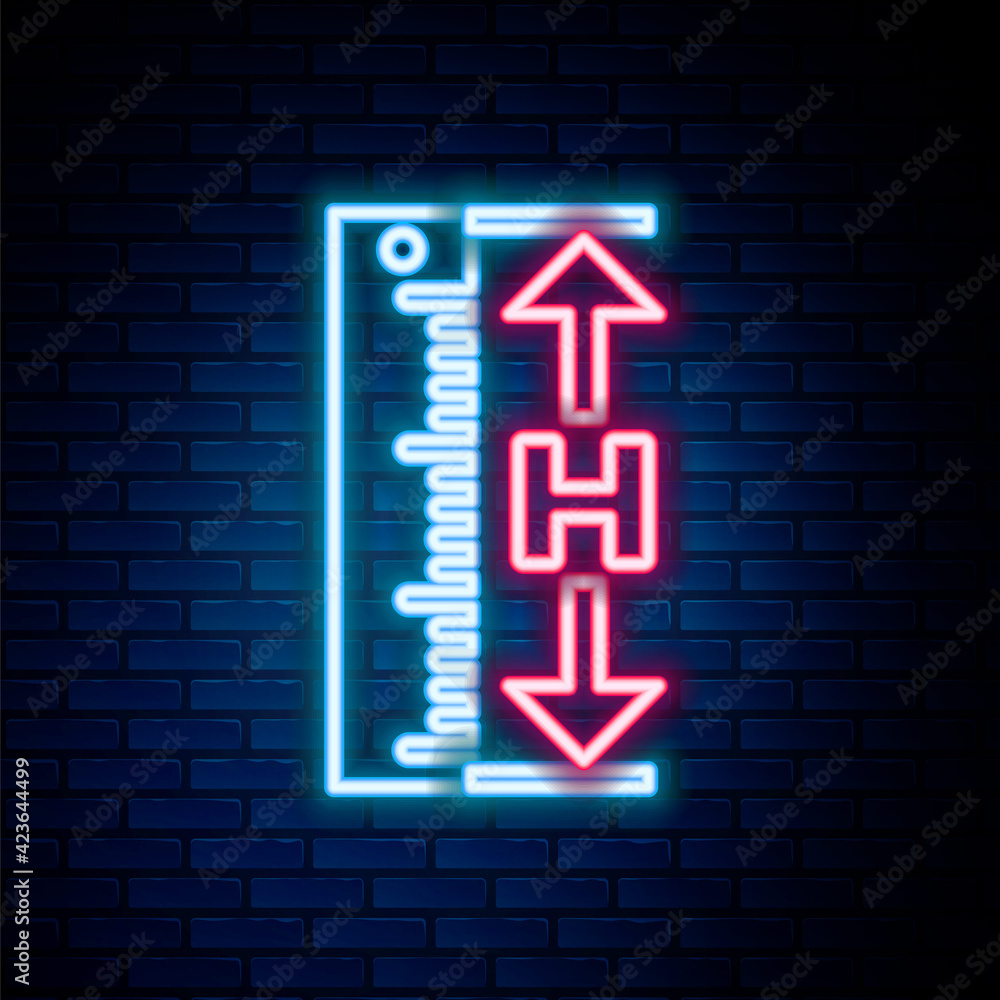 Glowing neon line The measuring height and length icon isolated on brick wall background. Ruler, straightedge, scale symbol. Colorful outline concept. Vector Glowing neon line The measuring height and length icon isolated on brick wall background. Ruler, straightedge, scale symbol. Colorful outline concept. Vector