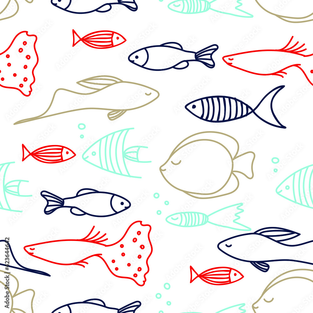 Seamless pattern with colored fish in doodle style. Seamless pattern with colored fish in doodle style.