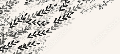 Floral web banner with drawn grey exotic leaves. Nature concept design. Modern floral compositions with summer branches. Vector illustration on the theme of ecology, natura, environment