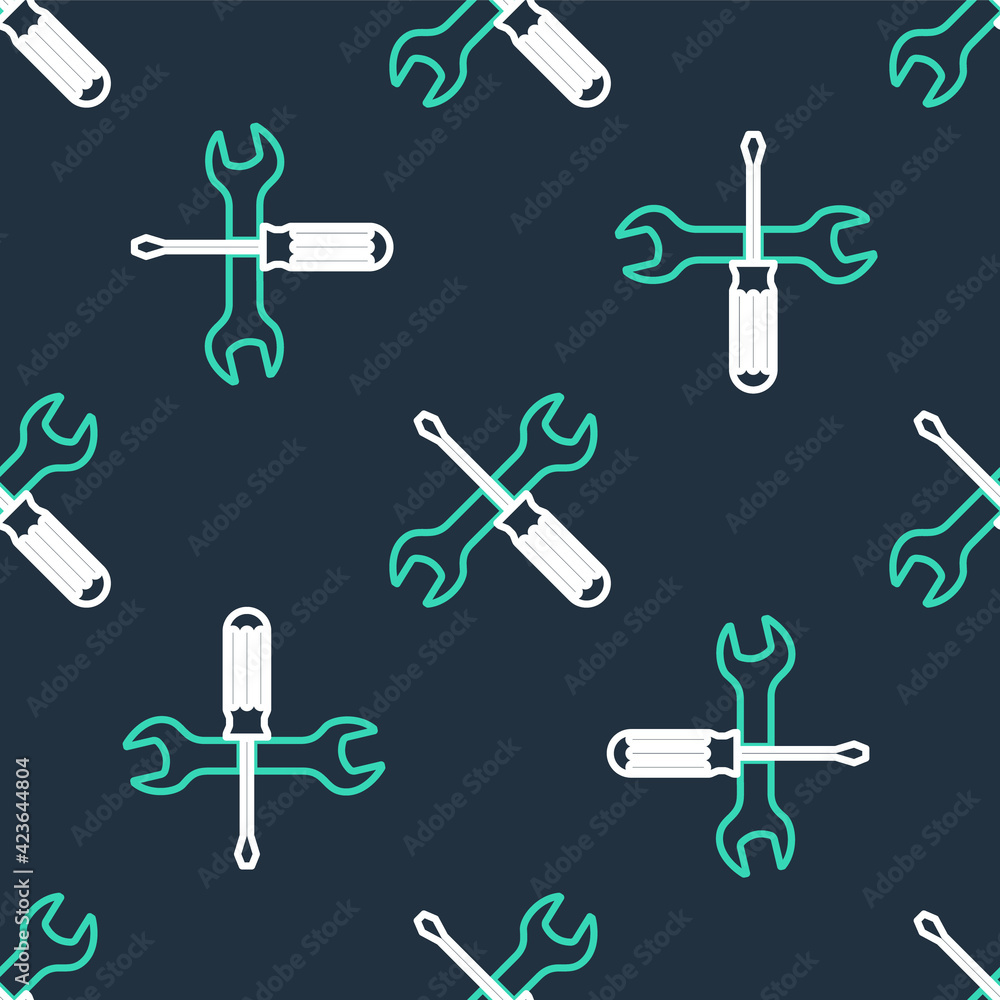 Line Crossed screwdriver and wrench tools icon isolated seamless pattern on black background. Service tool symbol. Vector Line Crossed screwdriver and wrench tools icon isolated seamless pattern on black background. Service tool symbol. Vector