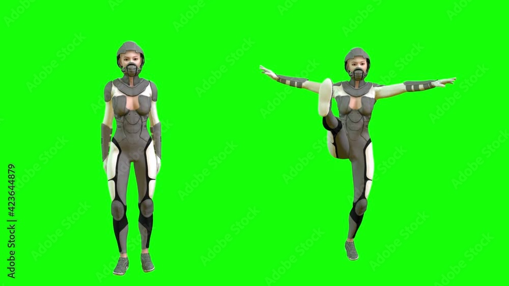 3d animation split screen action of a cyborg avatar woman dancing and other actions. 3d animation split screen action of a cyborg avatar woman dancing and other actions.