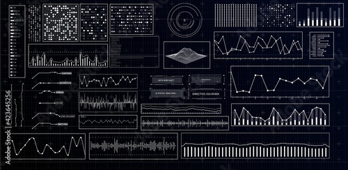 HUD futuristic interface. Hitech display with infographic elements. Dashboard with chart, diagram, line, graphic and data.