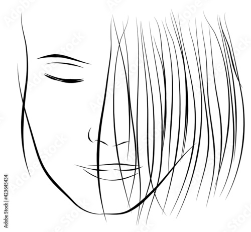 前髪を下ろして目を閉じている女性の線画イラスト