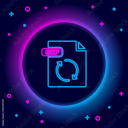 Glowing neon line GIF file document. Download gif button icon isolated on black background. GIF file symbol. Colorful outline concept. Vector