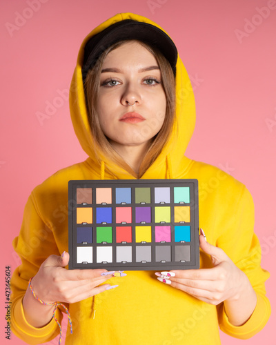girl in studio with colorchecker