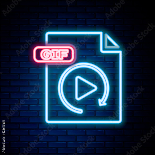 Glowing neon line GIF file document. Download gif button icon isolated on brick wall background. GIF file symbol. Colorful outline concept. Vector
