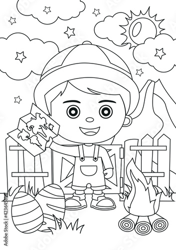Coloring page of cartoon boy scout. Coloring book design for kids and children