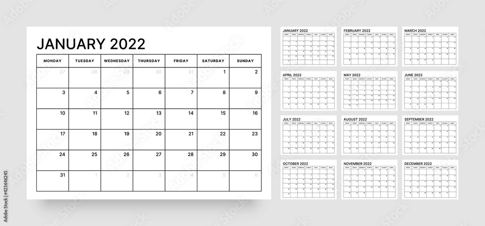 Monthly calendar for 2022 year. Week Starts on Monday.