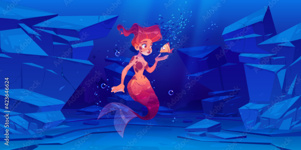 Cute mermaid with little fish underwater in sea - obrazy, fototapety, plakaty 