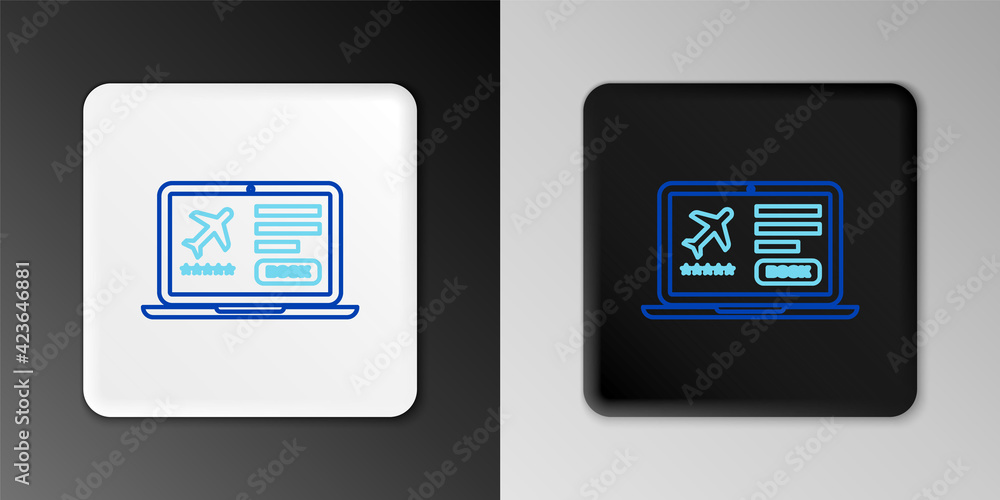 Line Laptop with electronic boarding pass airline ticket icon isolated on grey background. Passenger plane mobile ticket for web and app. Colorful outline concept. Vector