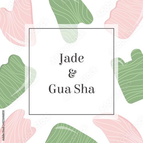 Web banner, Social media post, ad of Rose Quartz and Jade Gua Sha. Scraping massage tool. Natural pink and green stone scraper in different shapes. Trendy anti aging skin care. Vector flat background.