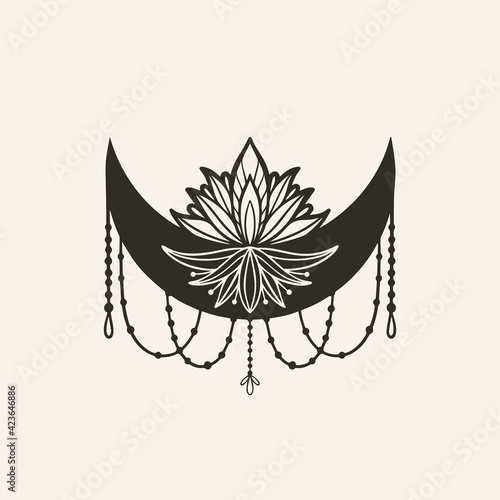 Moon crescent flower mandala.Astrology boho witch symbol amulet.Sacred mystic decoration trendy style