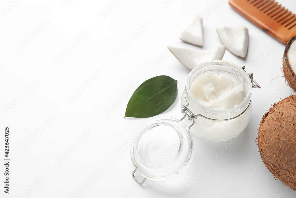 Jar with coconut oil on white background Jar with coconut oil on white background