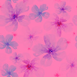 Transparent watercolor flowers seamless floral pattern on a pink background. 