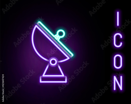 Glowing neon line Radar icon isolated on black background. Military search system. Colorful outline concept. Vector