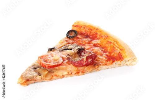 Piece of tasty pizza on white background