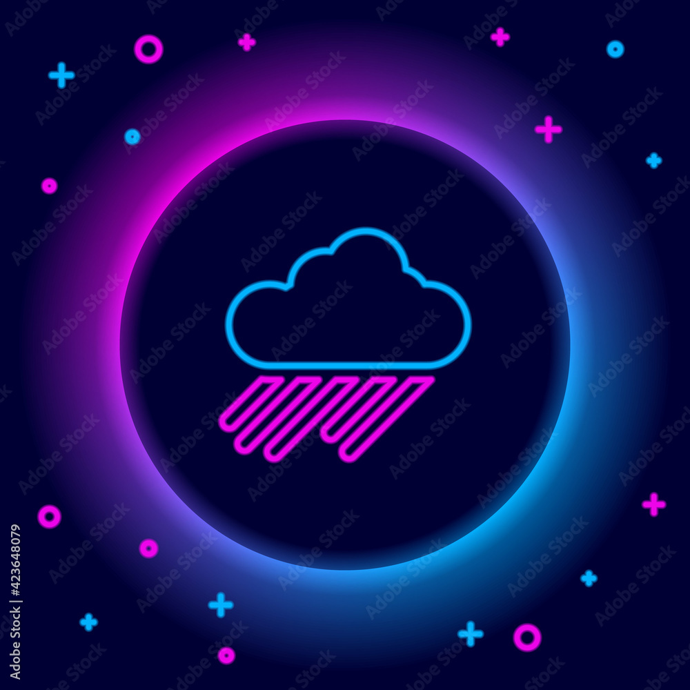 Glowing neon line Cloud with rain icon isolated on black background. Rain cloud precipitation with rain drops. Colorful outline concept. Vector Glowing neon line Cloud with rain icon isolated on black background. Rain cloud precipitation with rain drops. Colorful outline concept. Vector