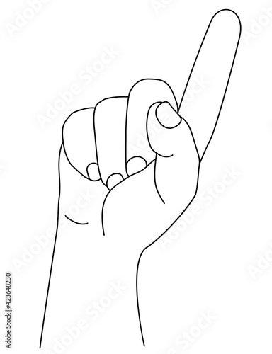 Hand gesture. The mans hand shows one index finger. gesture - Number oneor attention. Vector drawing, sketch, line