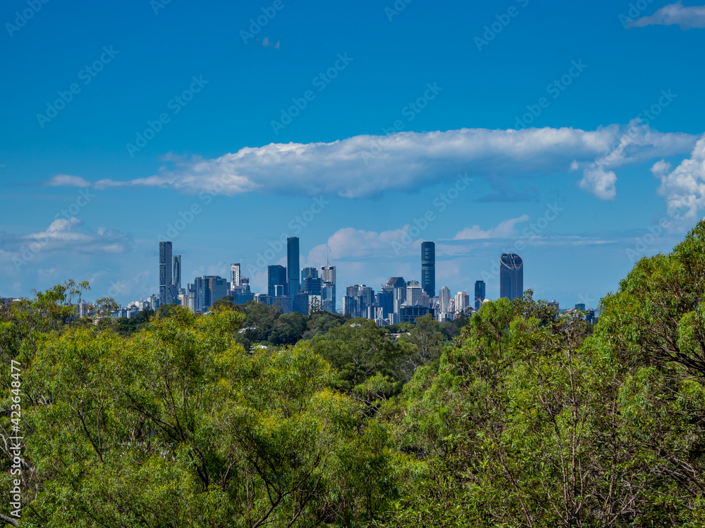 Brisbane City Skyline on a Fine Day with Fluffy White Clouds