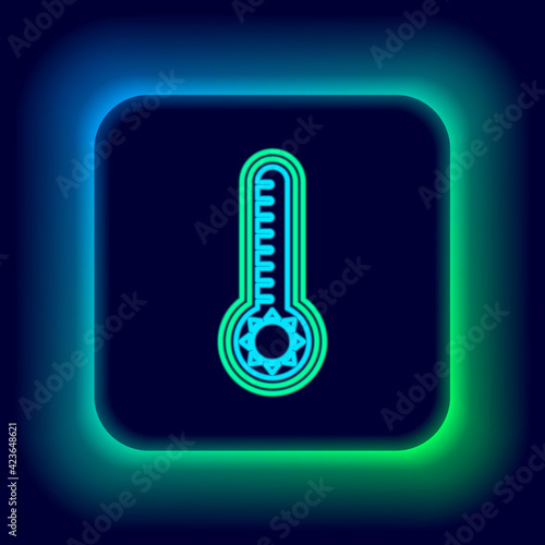 Glowing neon line Meteorology thermometer measuring heat and cold icon isolated on black background. Thermometer equipment showing hot or cold weather. Colorful outline concept. Vector