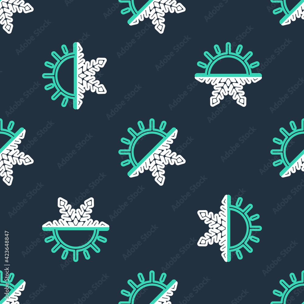 Line Hot and cold symbol. Sun and snowflake icon isolated seamless pattern on black background. Winter and summer symbol. Vector