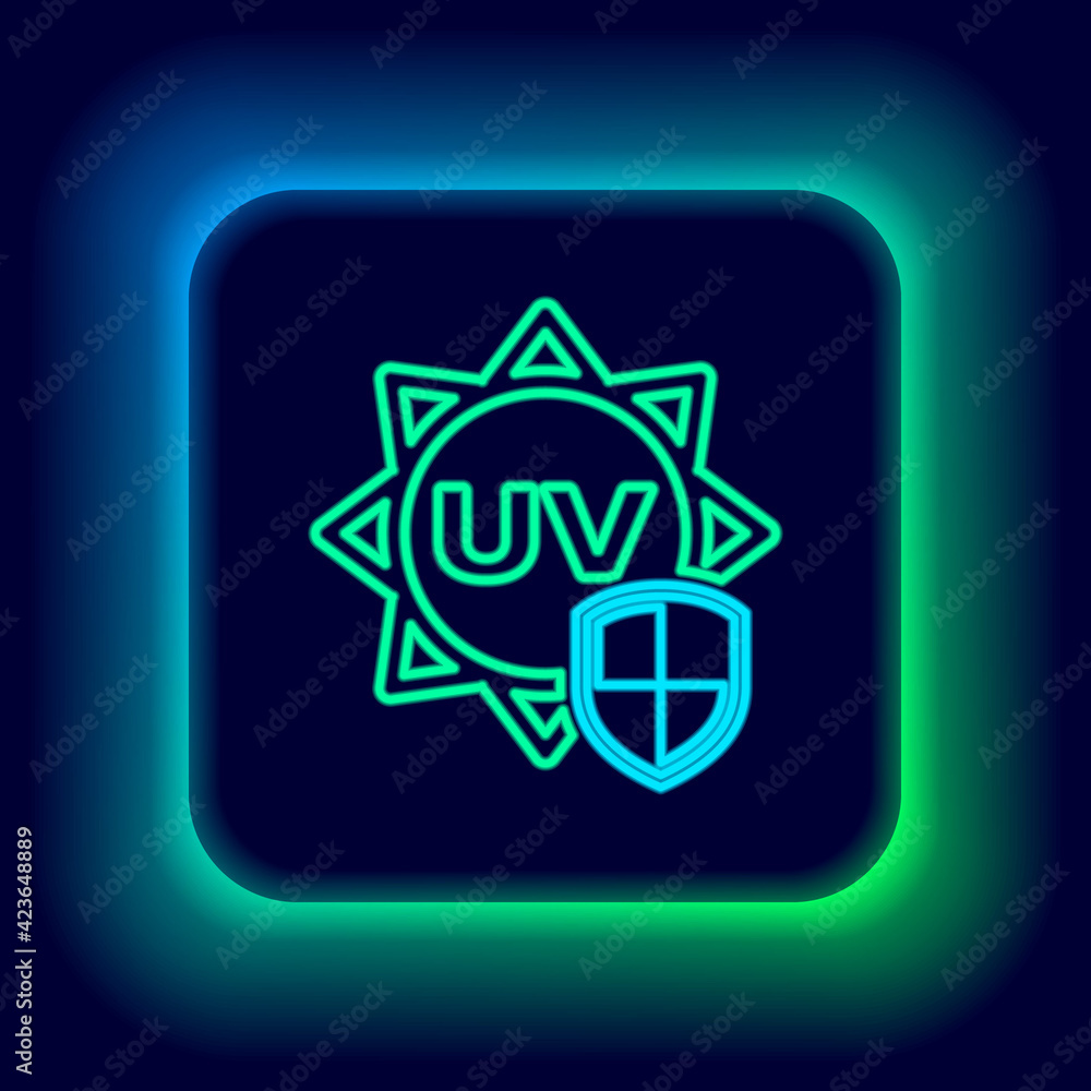 Glowing neon line UV protection icon isolated on black background. Sun and shield. Ultra violet rays radiation. SPF sun sign. Colorful outline concept. Vector Glowing neon line UV protection icon isolated on black background. Sun and shield. Ultra violet rays radiation. SPF sun sign. Colorful outline concept. Vector