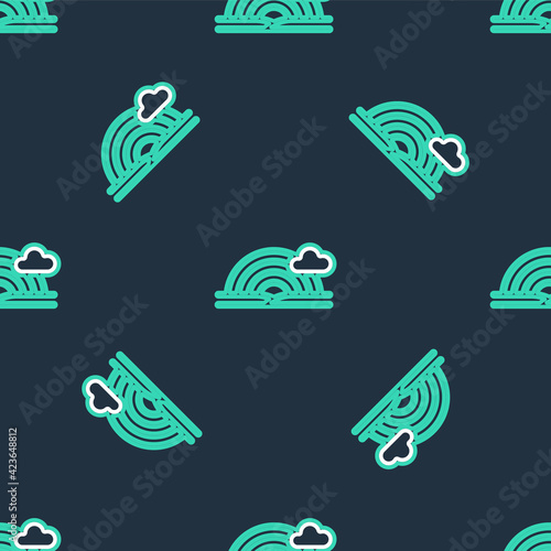 Line Rainbow with clouds icon isolated seamless pattern on black background. Vector