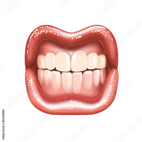 Shining beautiful female nude lips colored in pink lipstic color isolated vector illustration. Grinning teeth