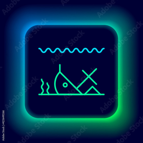 Glowing neon line Sunken ship at the bottom of the sea icon isolated on black background. Colorful outline concept. Vector