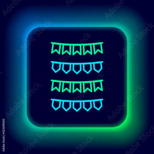 Glowing neon line Carnival garland with flags icon isolated on black background. Party pennants for birthday celebration, festival and fair decoration. Colorful outline concept. Vector