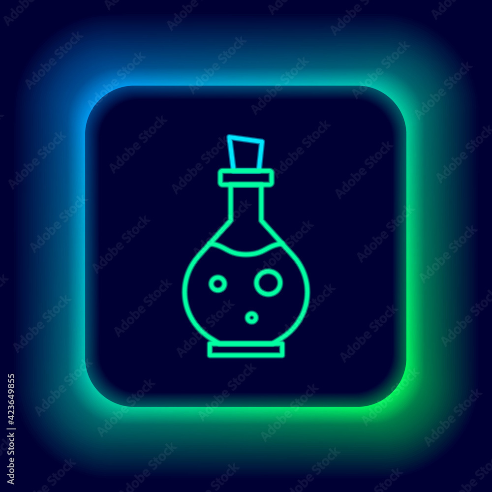 Glowing neon line Glass bottle with magic elixir icon isolated on black background. Computer game asset. Colorful outline concept. Vector