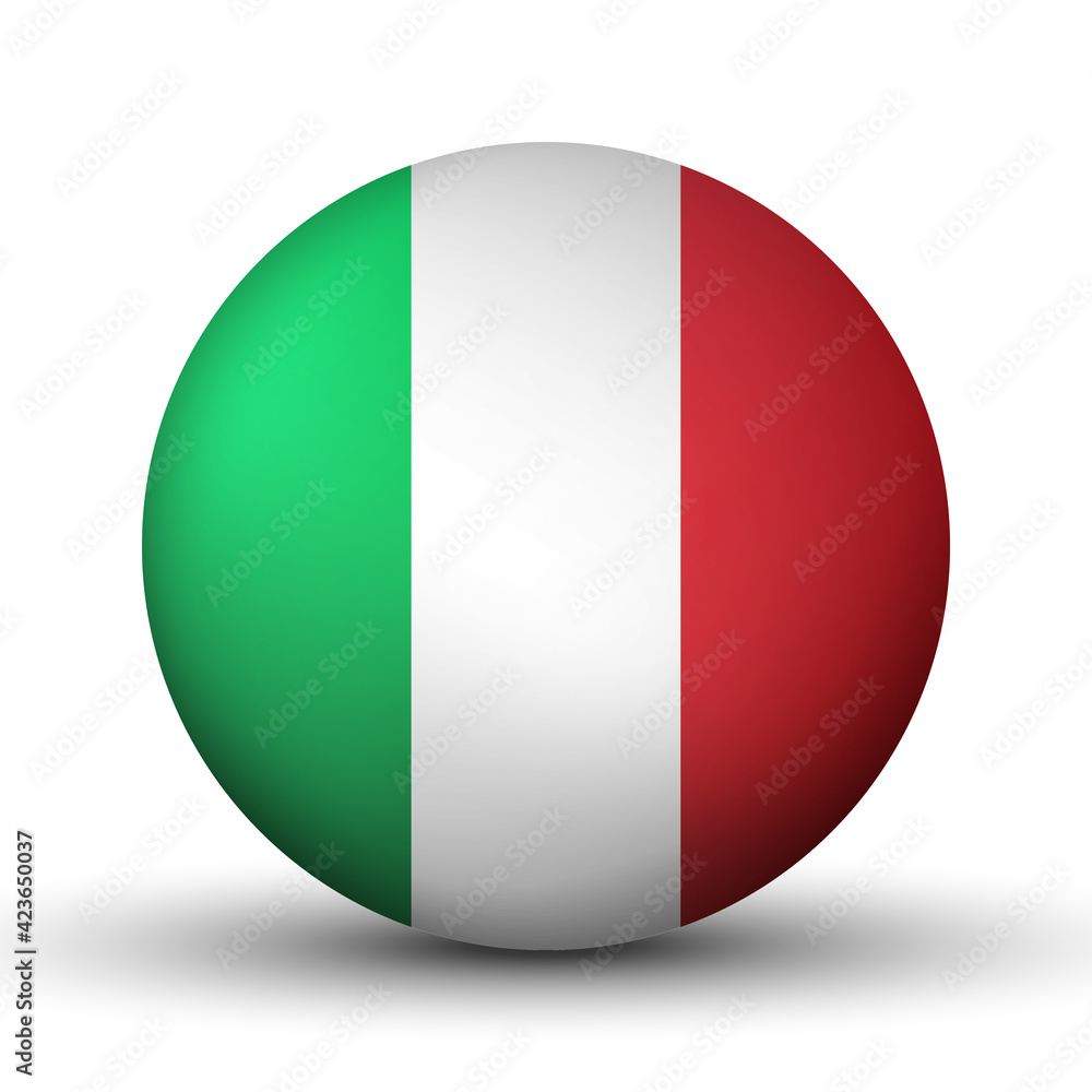 Glass light ball with flag of Italy. Round sphere, template icon. Italian national symbol. Glossy realistic ball, 3D abstract vector illustration highlighted on a white background. Big bubble Glass light ball with flag of Italy. Round sphere, template icon. Italian national symbol. Glossy realistic ball, 3D abstract vector illustration highlighted on a white background. Big bubble
