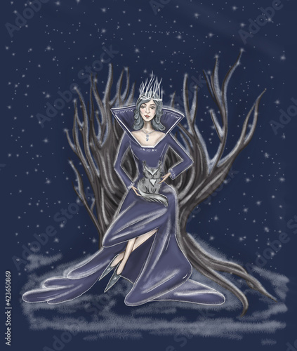 Snow queen with a cat on a wooden throne