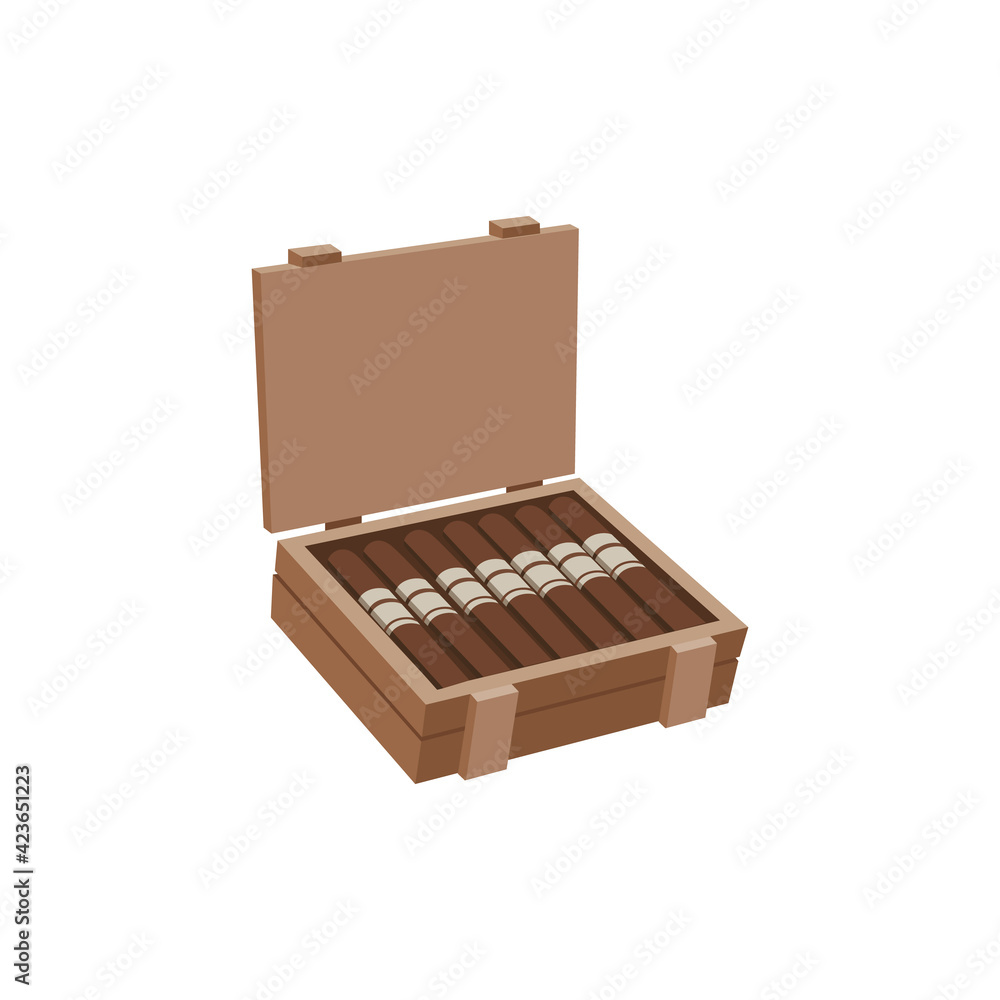 Cuban smoking cigars laying in wood box, flat vector illustration isolated. Cuban smoking cigars laying in wood box, flat vector illustration isolated.