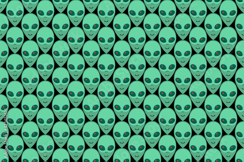 Seamless pattern with Aliens green heads. UFO, Humanoids endless backdrop isolated. Smiling visitors, Martians. Vector illustration, wallpaper on theme of space, conspiracy theory, Sci-fi, fantastic