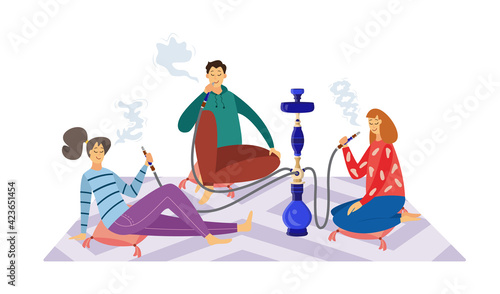 People cartoon characters smoking hookah, flat vector illustration isolated.