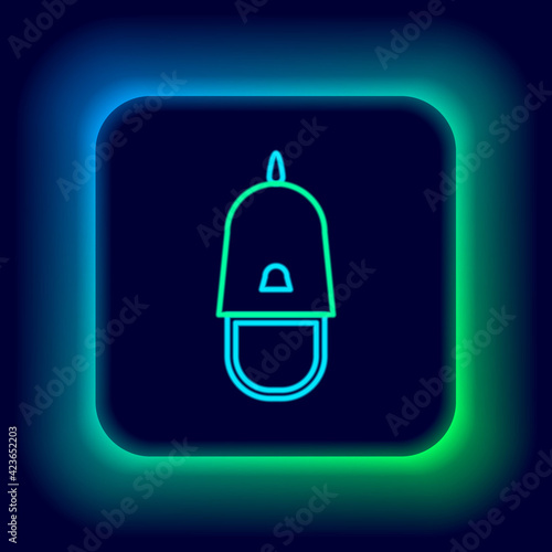 Glowing neon line Police cap with cockade icon isolated on black background. Police hat sign. Colorful outline concept. Vector