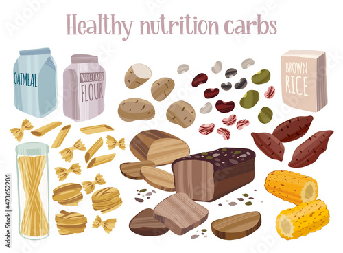 Healthy complex carbohydrates products. Diet food concept. Different cereals and beans, pasta, potatoes, corn. © taash