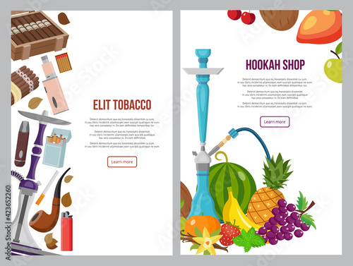 Hookah accessories and tobacco shop banners set, flat vector illustration.