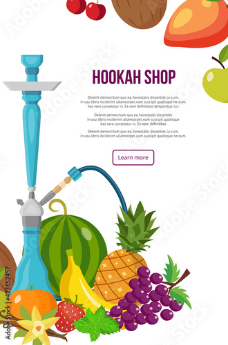 Poster for oriental hookah shop with device with pipe for smoking aroma tobacco.