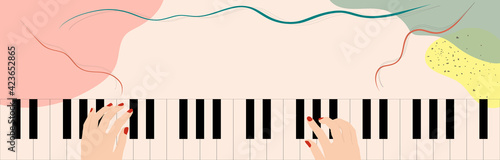 Hands on piano keyboard. abstract vector illustration, copy space, landscape, beige background, ribbon